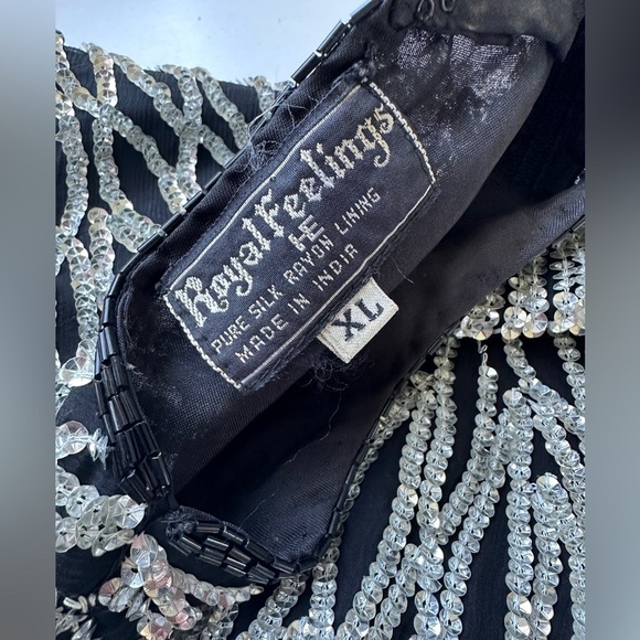 Vintage Royal Feelings Black Pure Silk Silver Sequin Ornate Evening Top FLAW XL - Picture 2 of 11